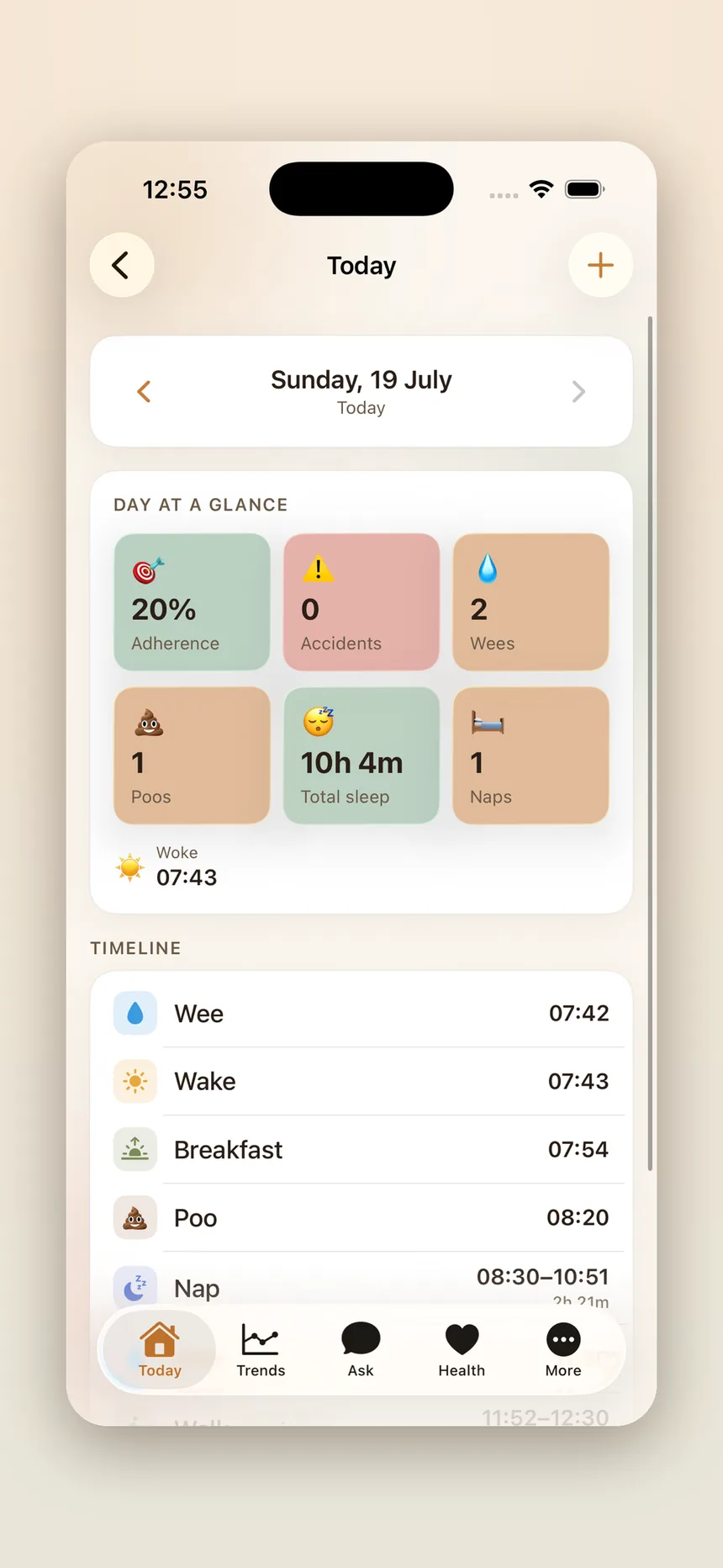 A day summary showing 20 percent adherence, zero accidents, two wees, one poo, ten hours four minutes of sleep and one nap, above a timeline of the day's events.