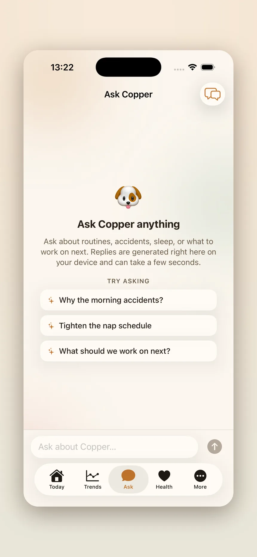An Ask screen with suggested questions about morning accidents, tightening the nap schedule and what to work on next.